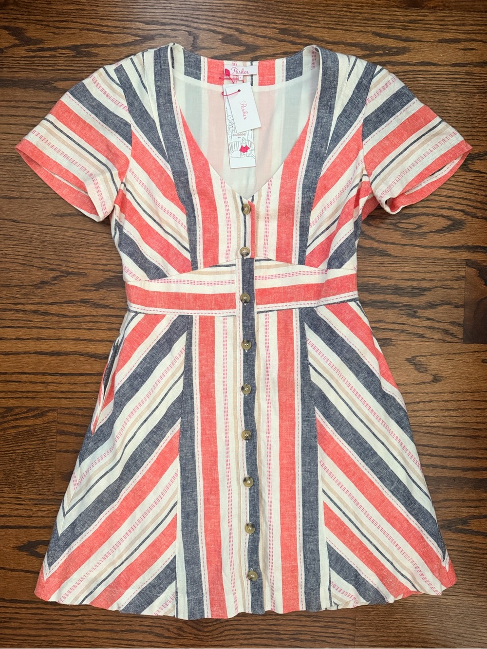 Parker Coral, Navy & Cream Striped Button-Front Mini Dress